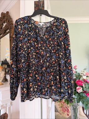 Time and Tru Black Floral Tie-Neck Peasant Blouse Tunic, size XL